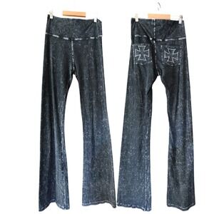 T Party Black Mineral‎ Wash Flare Yoga Pants Fold Over Waist Womens L Cross Back